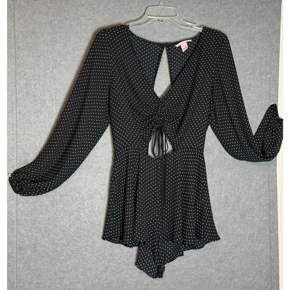 Pinup Victoria's Secret Romper Small Black Polka Dot Cutout Sheer L/S Retro Chic